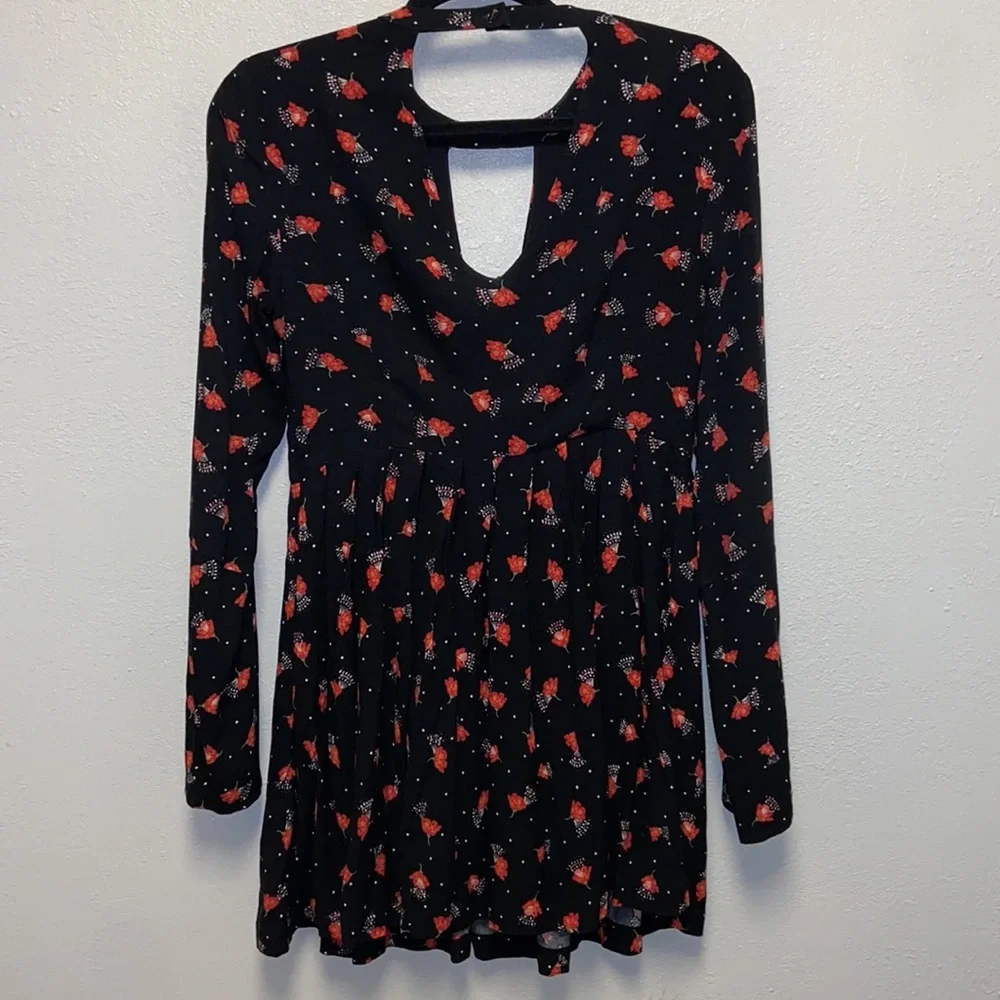 Free People Teagan Black Floral Deep V Neck Open Back Bell Sleeve Mini Dress